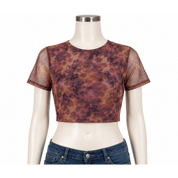 No Boundaries Tops - Grunge Mesh Tye Dye Crop Top Purple Lined Short Sleeve Women M (8-10) Y2K Style